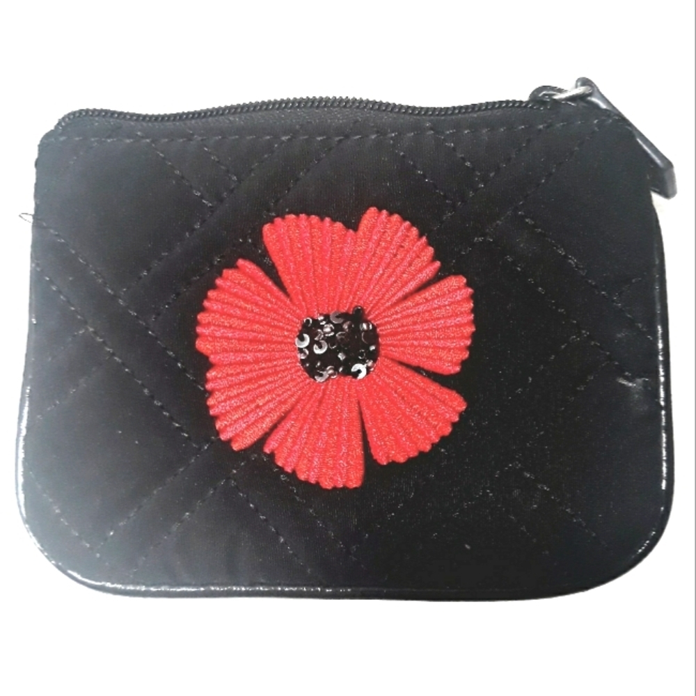 Vera Bradley Black Quilted Pouch with Red Flower Accent